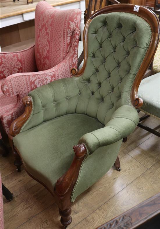 A Victorian mahogany framed buttoned back spoonback armchair